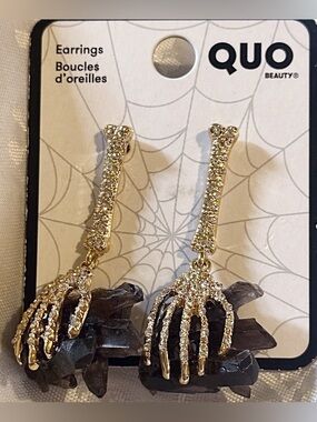 🆕 QUO - Crystal Skeleton Hand Drop Gold Earrings